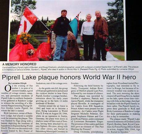 Tidningsartikel ”Piprell Lake plaque honors World War II hero”